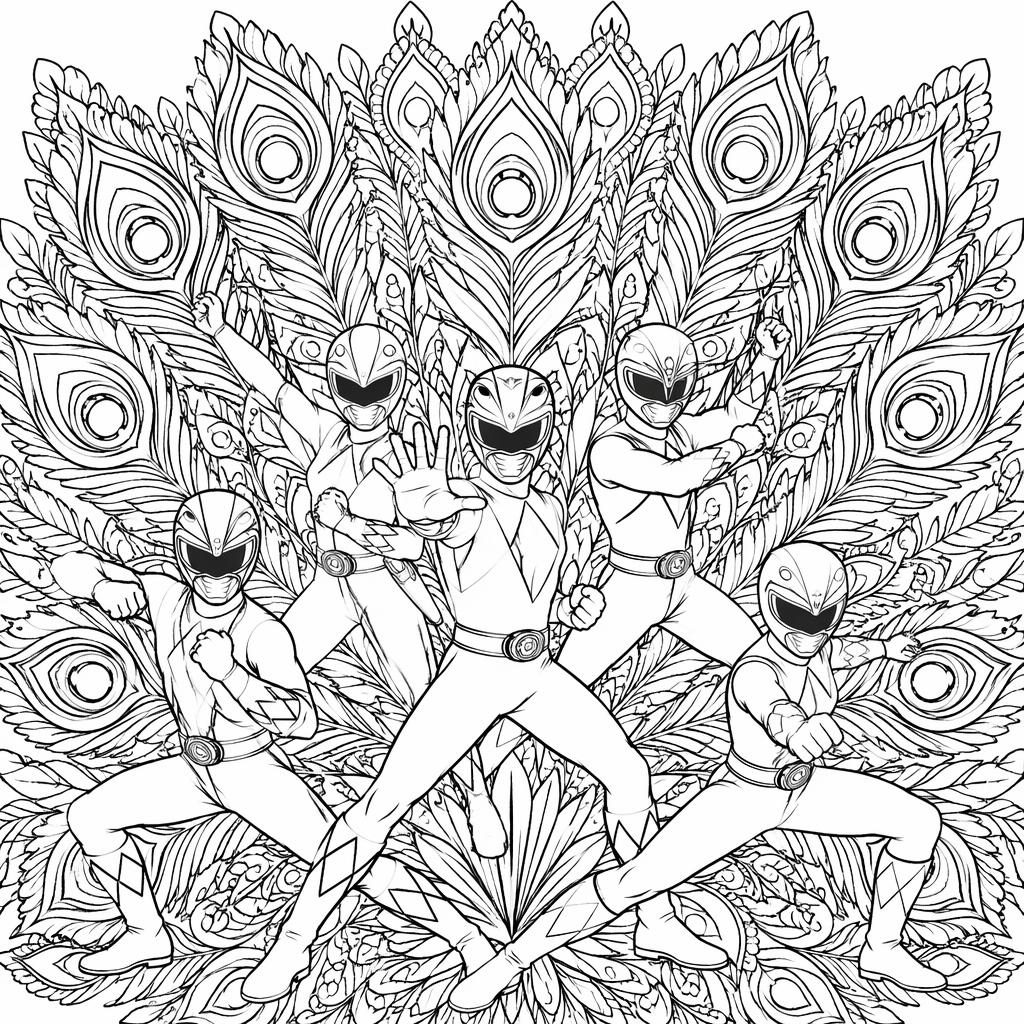 Black-and-white adult coloring page of detailed peacock feathers in intricate manga-inspired line art on white background.