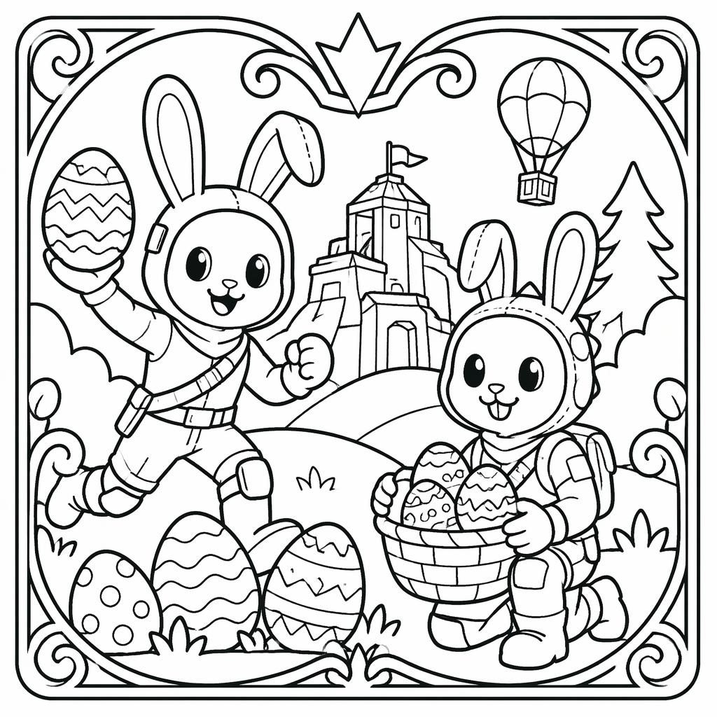 Black-and-white coloring page with bunny kids and Easter eggs in very simple Art Nouveau line art.