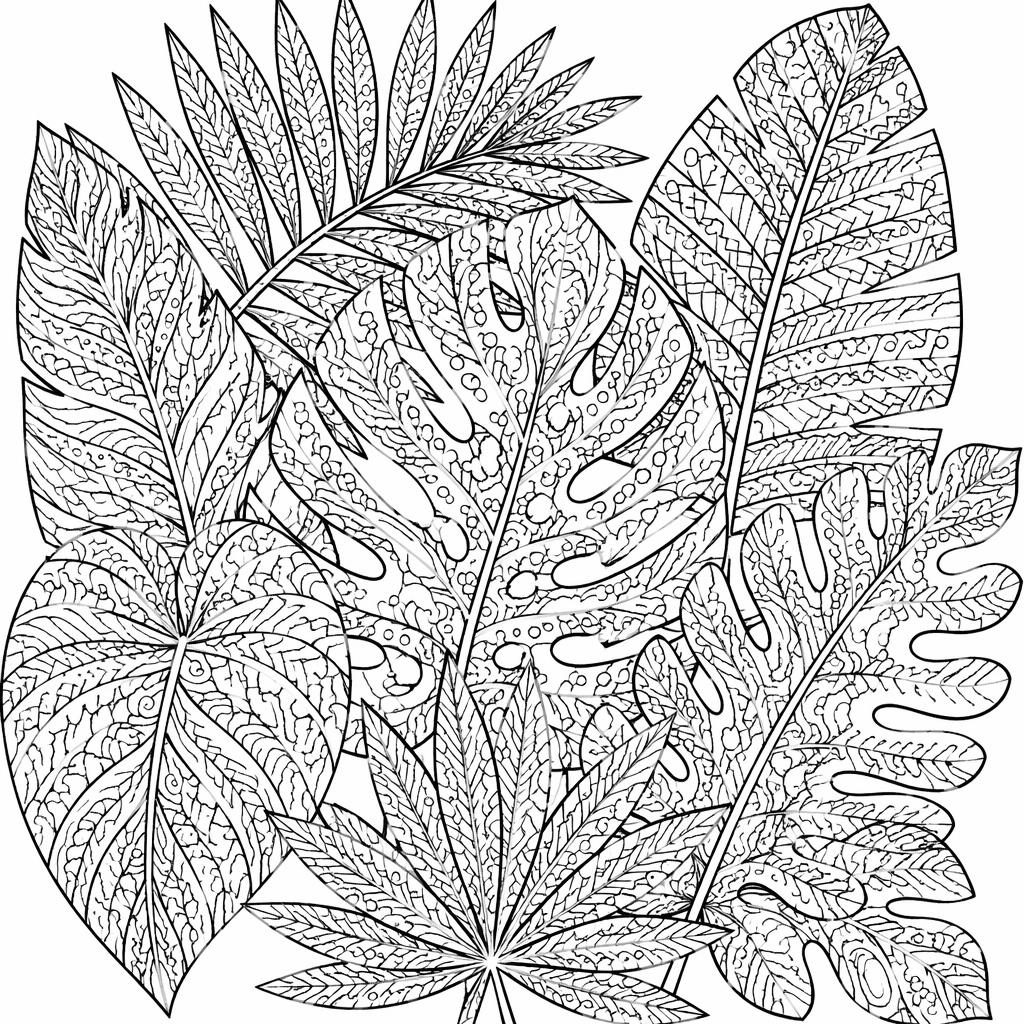 Ilustración para colorear en blanco y negro de hojas tropicales estilo zentangle, con detalles intrincados.