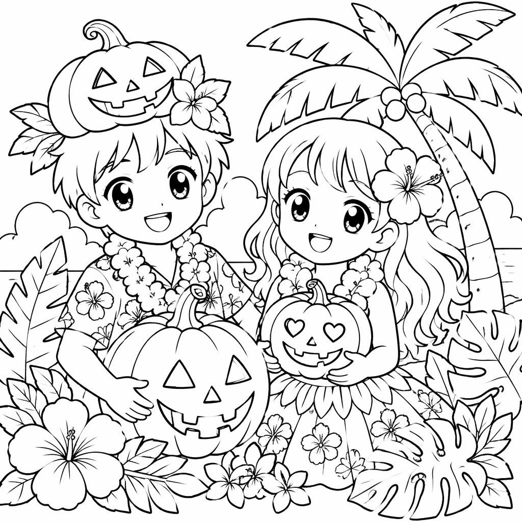 Black-and-white coloring page of cheerful kids with Halloween pumpkins in a manga-inspired line-art style.