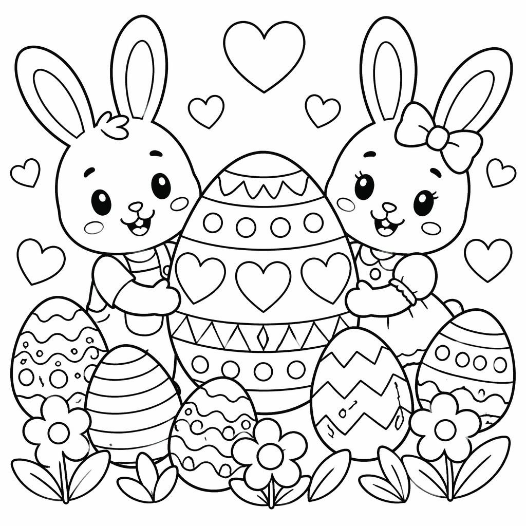Illustration noir et blanc de petits lapins avec des œufs de Pâques, style mandala simple, contours épais à colorier.