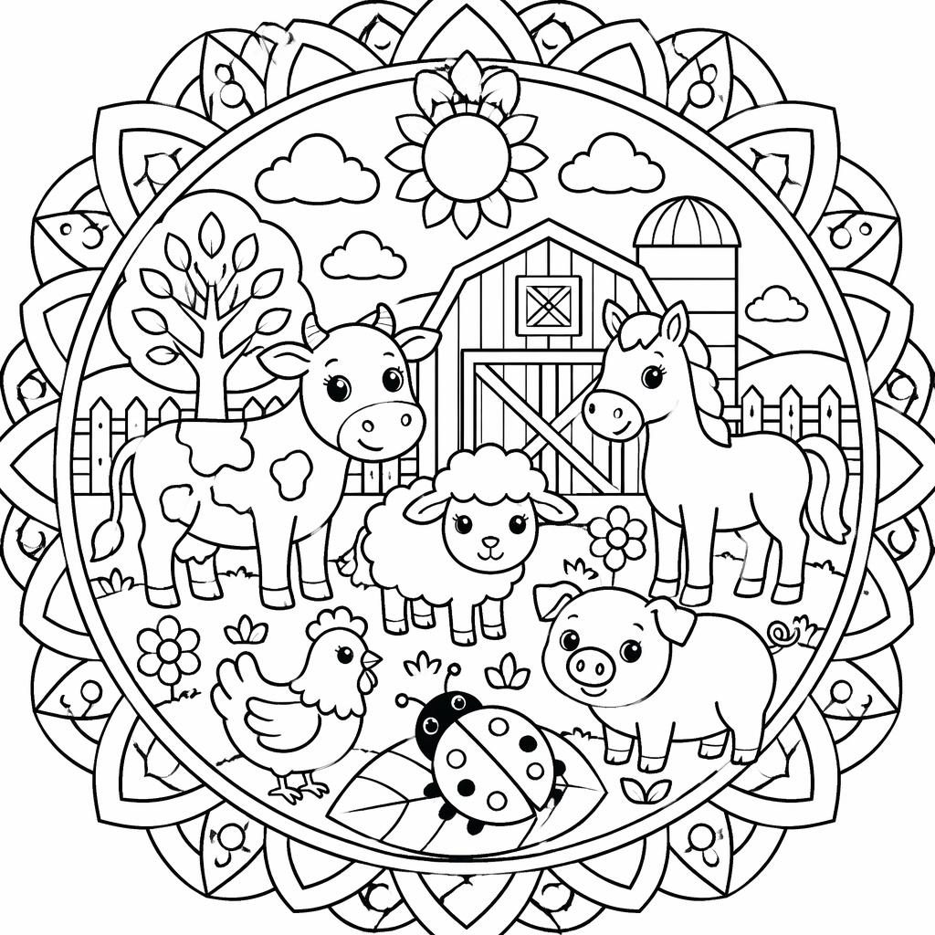 Ilustración para colorear en blanco y negro con animales de granja para niños, estilo mandala simple y líneas limpias.