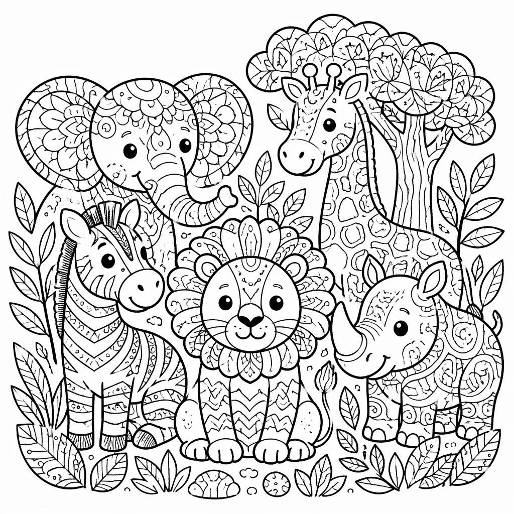 Schwarz-weiße Ausmalseite mit Safari-Tieren im Zentangle-Stil, klare Konturen auf weißem Hintergrund.