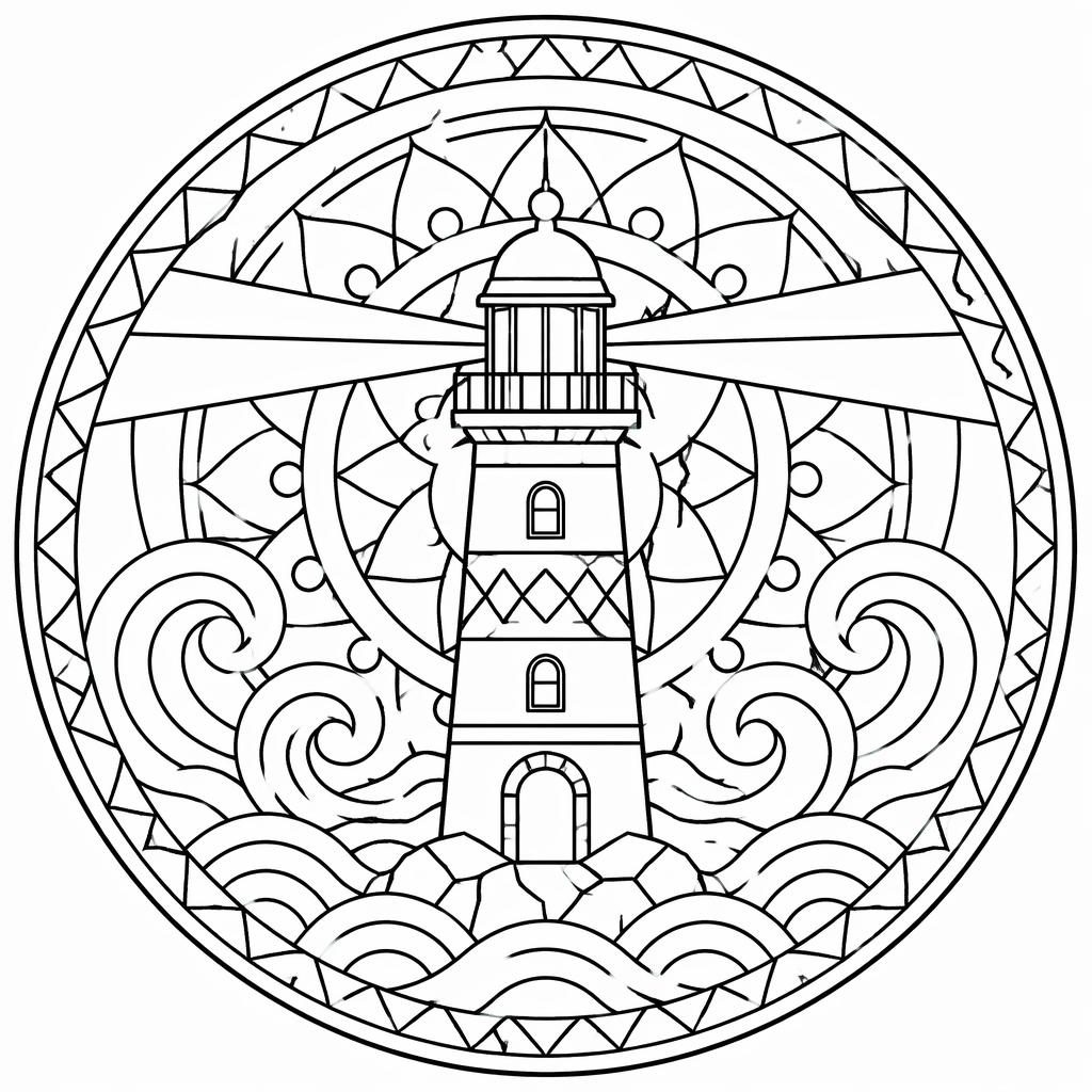 Black-and-white coloring page with a simple lighthouse, waves, and mandala-style geometric line art.