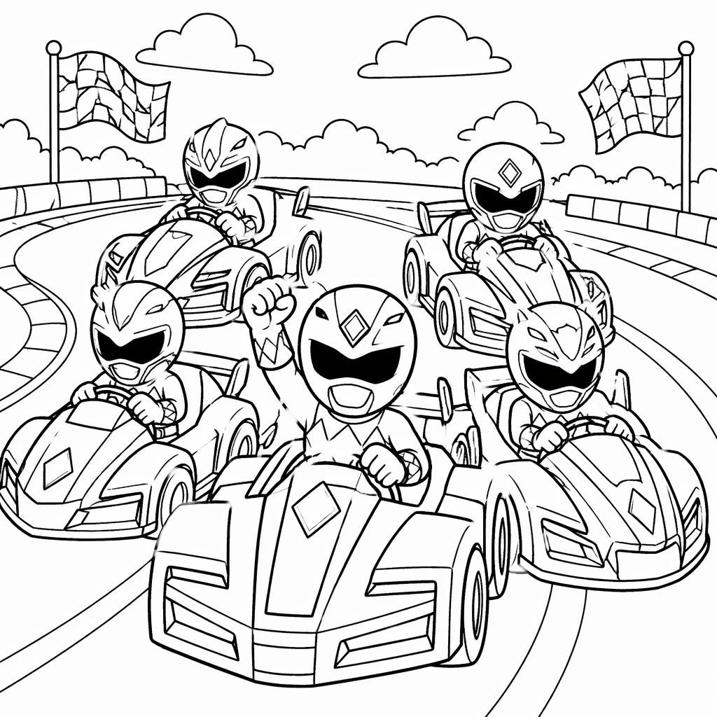 Illustration noir et blanc à colorier avec voitures de course cartoon pour enfants, contours épais et formes fermées