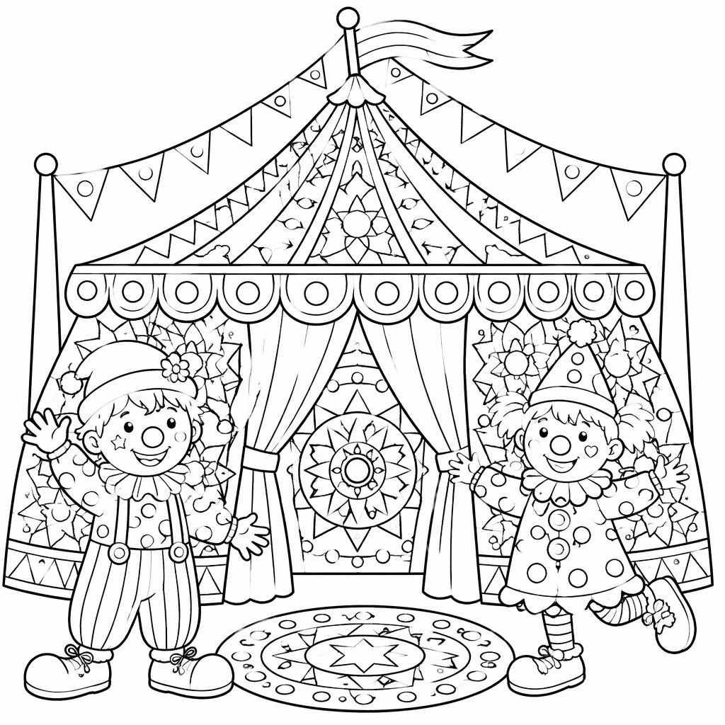 Schwarz-weißes Ausmalbild mit Zirkuszelt, Kinderclowns und einfachen Mandala-Formen als klare Line-Art.