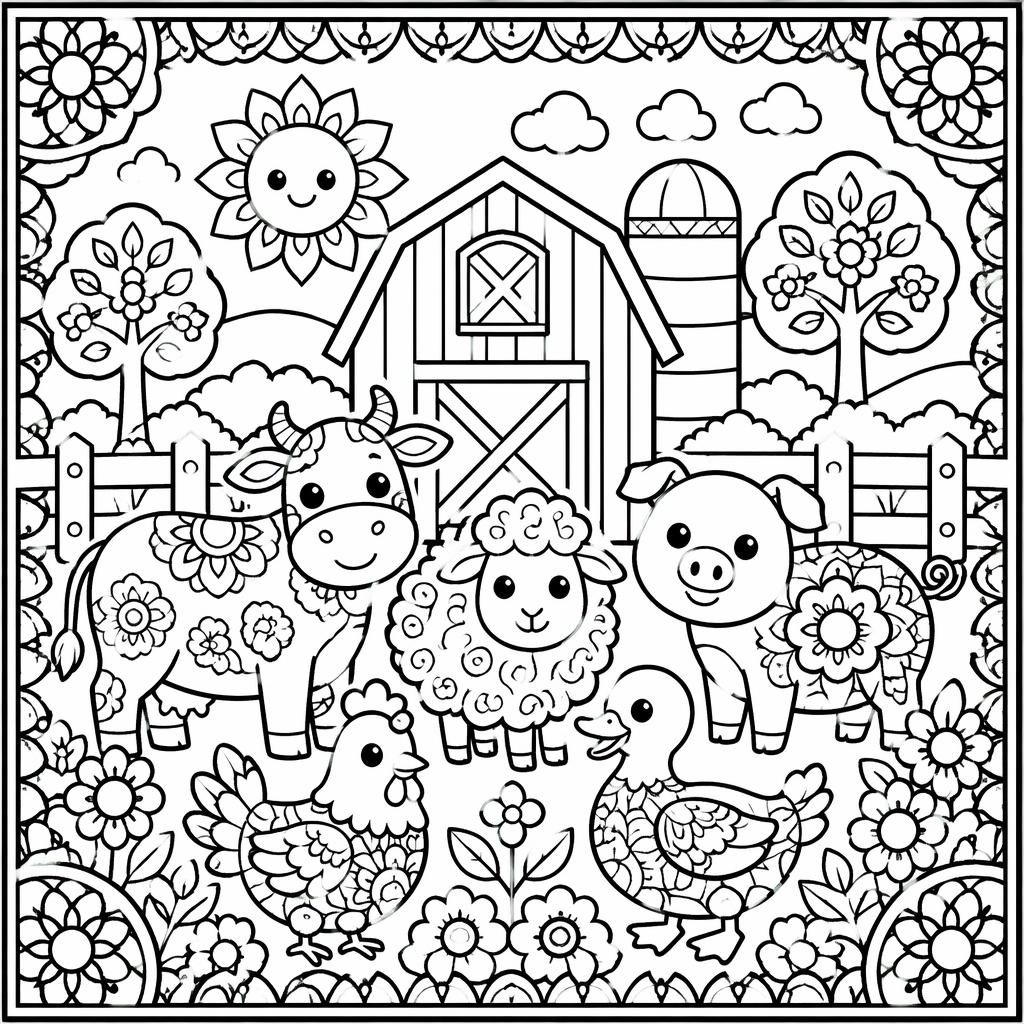 Black-and-white coloring page of a kid-friendly farm animals scene with chunky outlines and geometric mandala details.