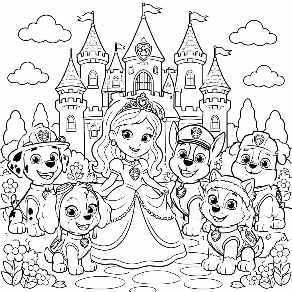 Black-and-white coloring page of a cute fairy tale princess castle for kids, with clean detailed outlines on white.