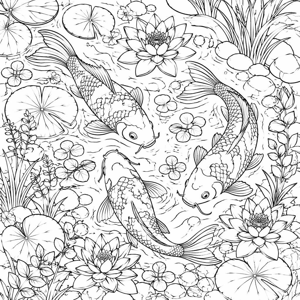 Schwarz-weiße Ausmalbild-Illustration eines detailreichen Koi-Teichs mit klaren Konturen im botanischen Line-Art-Stil.