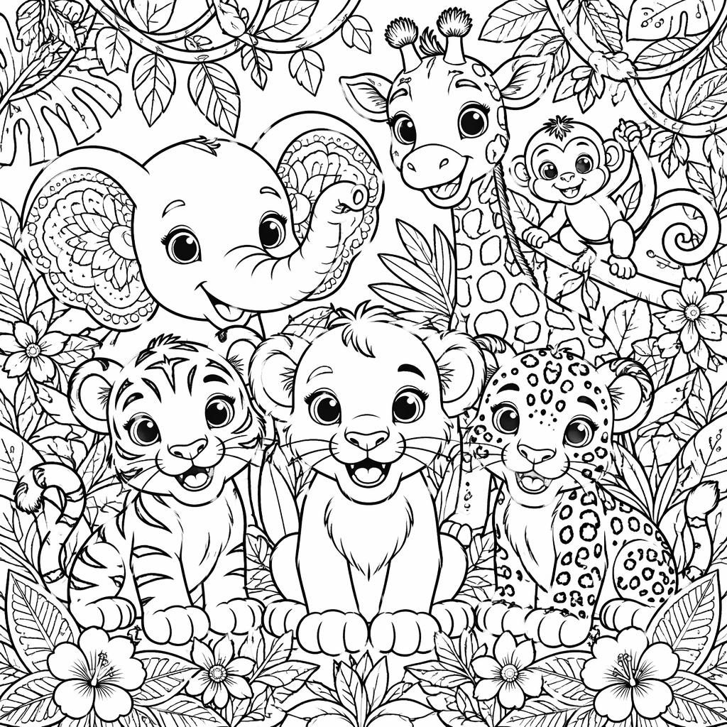 Illustration noir et blanc à colorier avec animaux de la jungle pour enfants, motifs détaillés, contours nets.