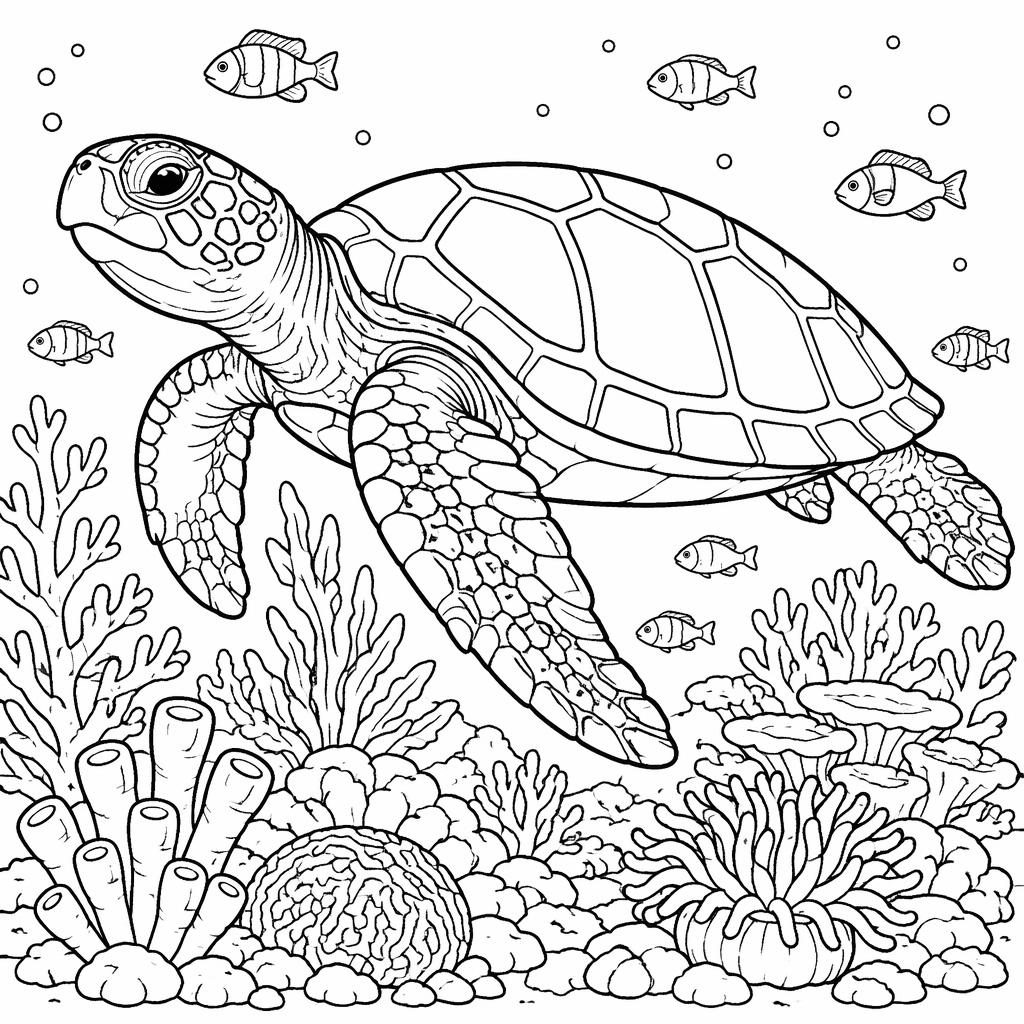 Illustration en noir et blanc d’une tortue marine adulte nageant au-dessus d’un récif, style coloriage détaillé