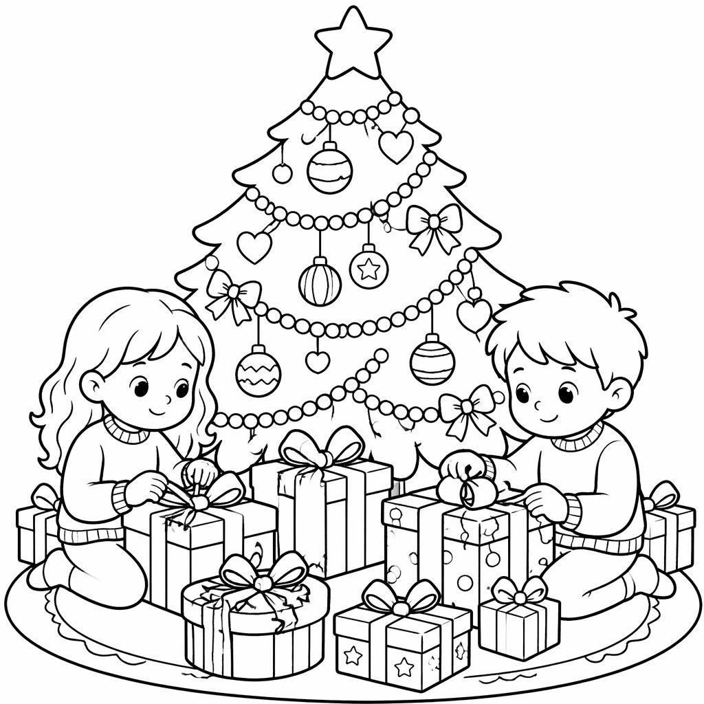 Schwarz-weiße Ausmalbild-Illustration mit Weihnachtsbaum, Geschenken und Kindern im niedlichen Cartoon-Stil.