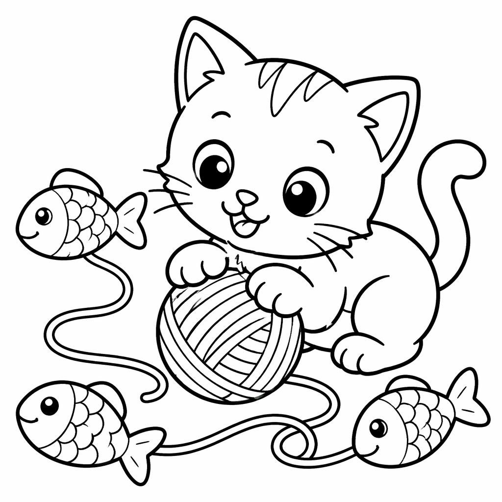 Illustration noir et blanc d’un chaton avec une pelote, style manga simple, contours épais à colorier pour enfants.