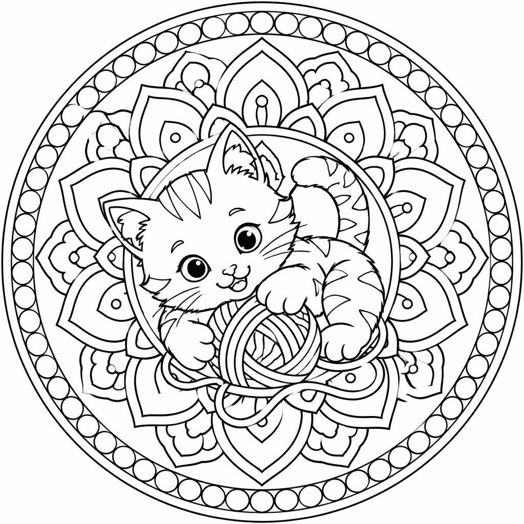 Black-and-white line art coloring page of a cute kitten playing with yarn in a mandala coloring style.