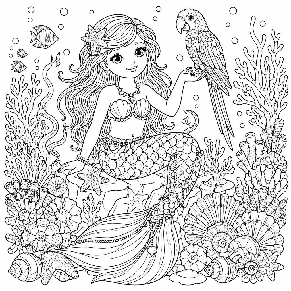 Illustration en noir et blanc d’une sirène sous la mer, entourée d’éléments marins, en line art détaillé à imprimer.
