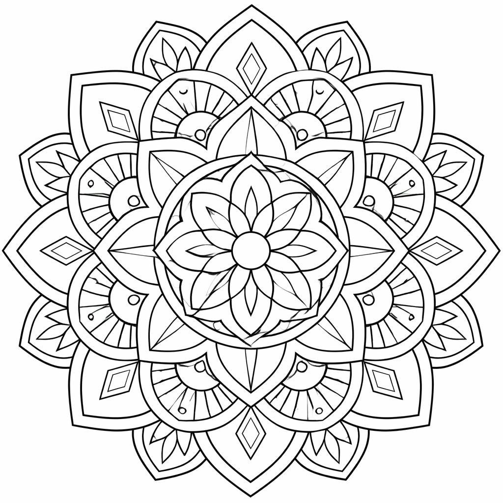 Ilustración en blanco y negro de un mandala geométrico para adultos, con contornos limpios y formas cerradas.