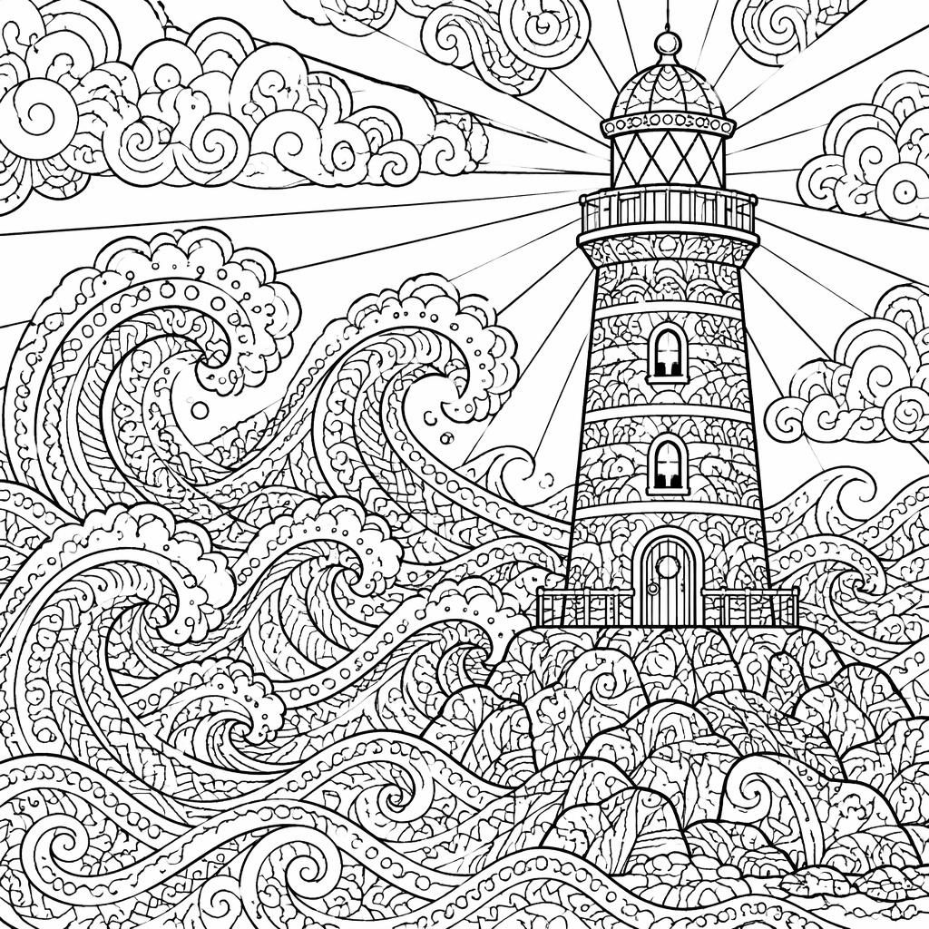 Černobílá omalovánka s majákem a detailními vlnami v zentangle stylu, čisté obrysy na bílém pozadí.
