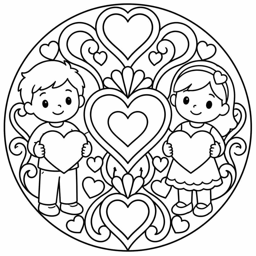 Ilustración para colorear en blanco y negro con corazones de San Valentín para niños, líneas simples y limpias.