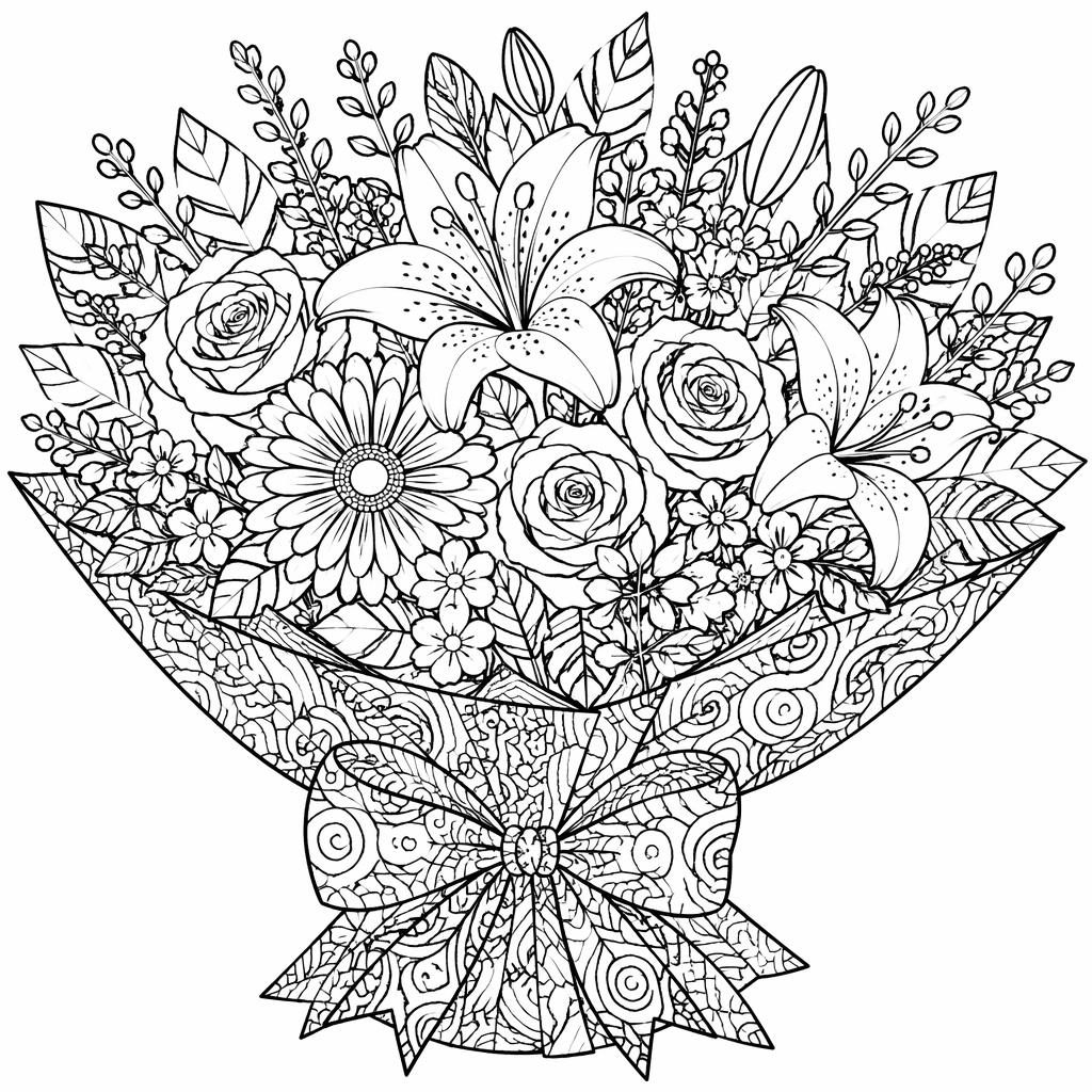 Illustration en noir et blanc d’un bouquet de fleurs détaillé, style zentangle, contours nets à colorier.