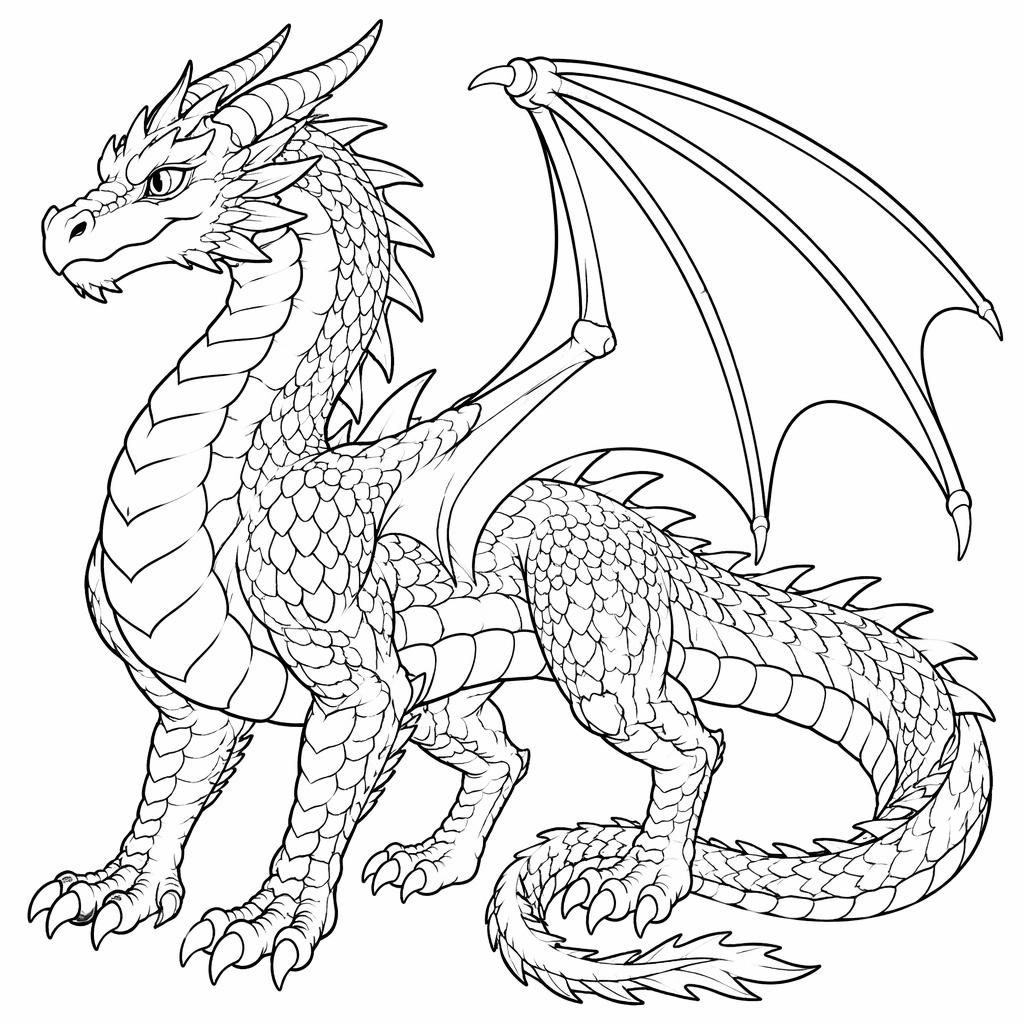 Schwarz-weiße Ausmalbild-Illustration eines freundlichen erwachsenen Fantasy-Drachen mit klaren Konturen.