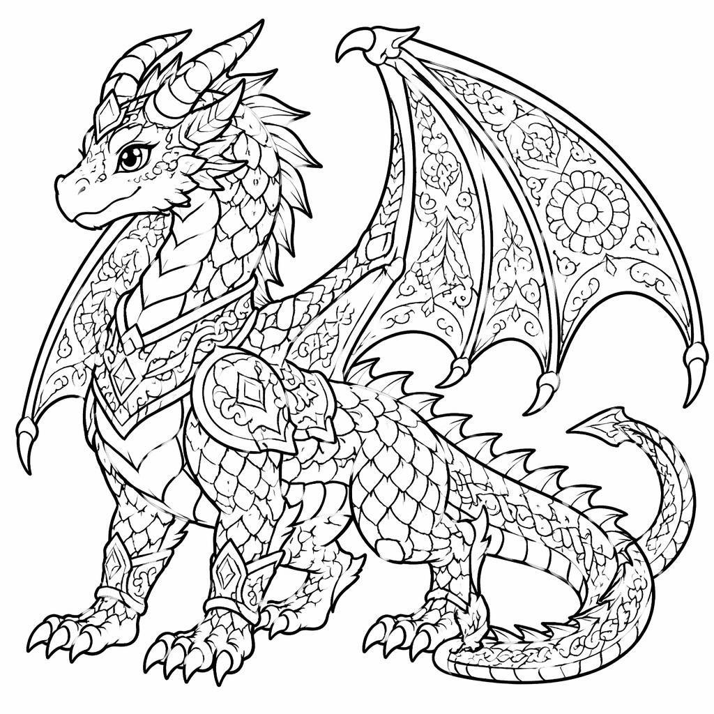 Illustration en noir et blanc d’un dragon fantasy adulte en style manga, contours épais, page à colorier pour enfants