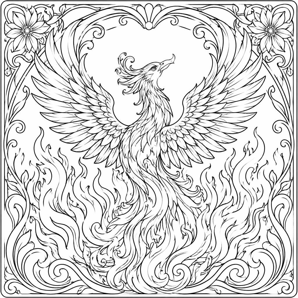 Ilustración para colorear en blanco y negro de un fénix en llamas con detalles art nouveau y contornos limpios.