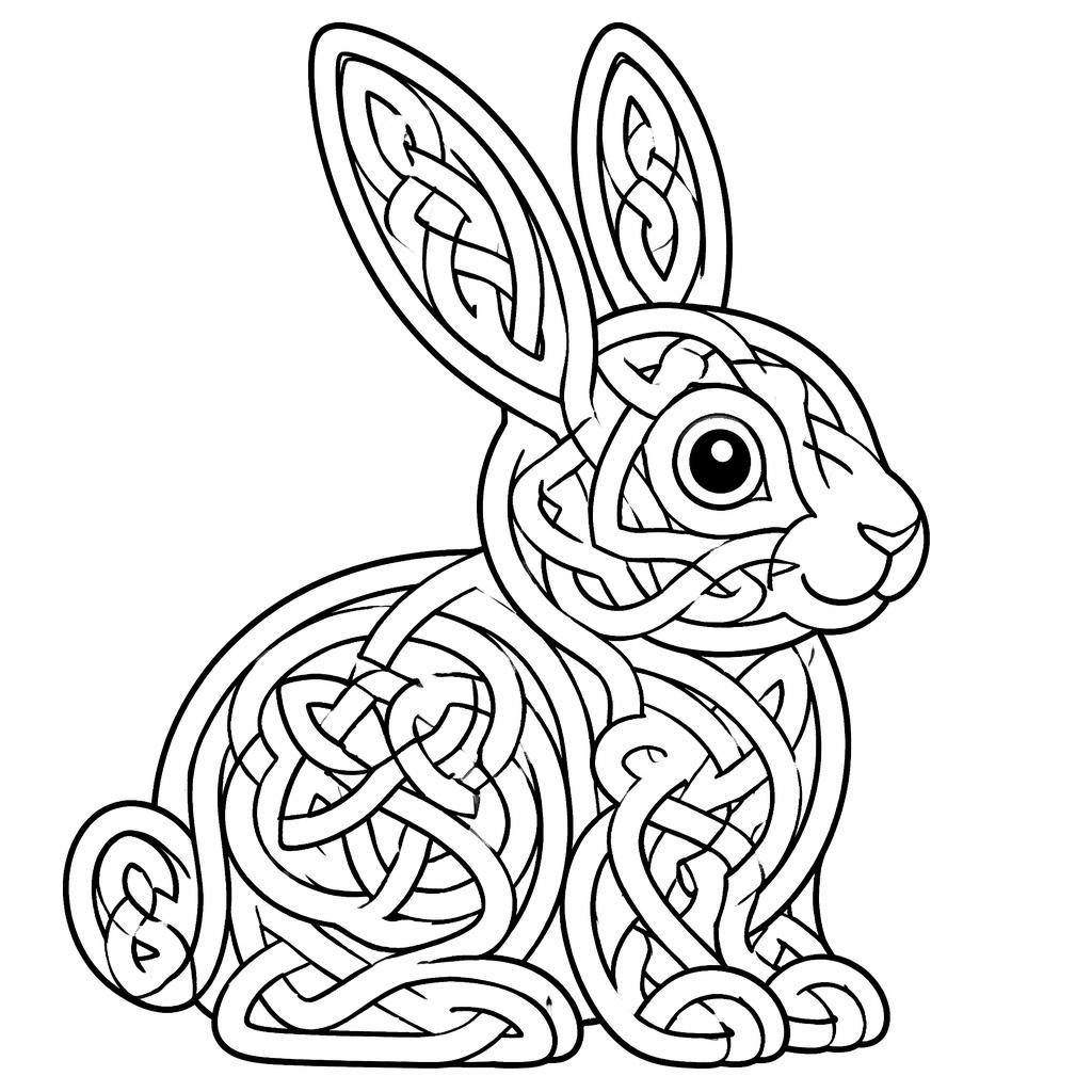 Ilustración en blanco y negro de un conejo con nudos celtas, estilo tierno, contornos simples y fondo blanco.