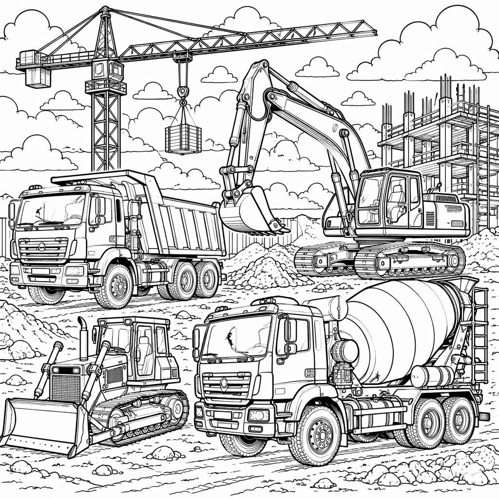 Schwarz-weiße Ausmalbild-Illustration mit detailreichen Baustellenfahrzeugen für Kinder, als klare Line-Art