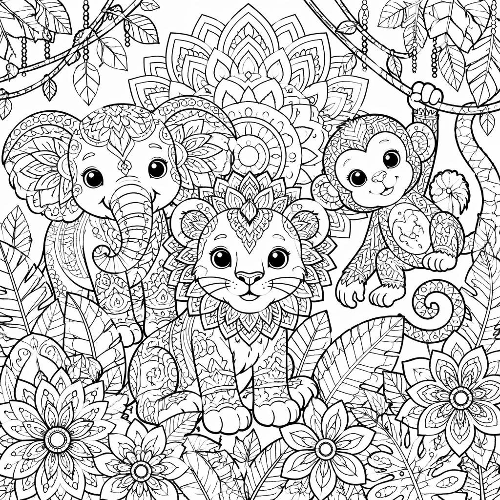 Schwarz-weiße Ausmalbild-Illustration mit Dschungeltieren für Kinder im detailreichen Mandala-Linienstil.