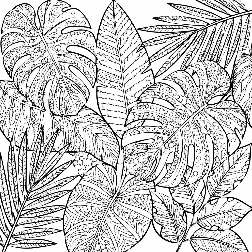 Schwarz-weiße Ausmalseite mit tropischen Blättern im detailreichen Zentangle-Stil als botanische Line-Art.