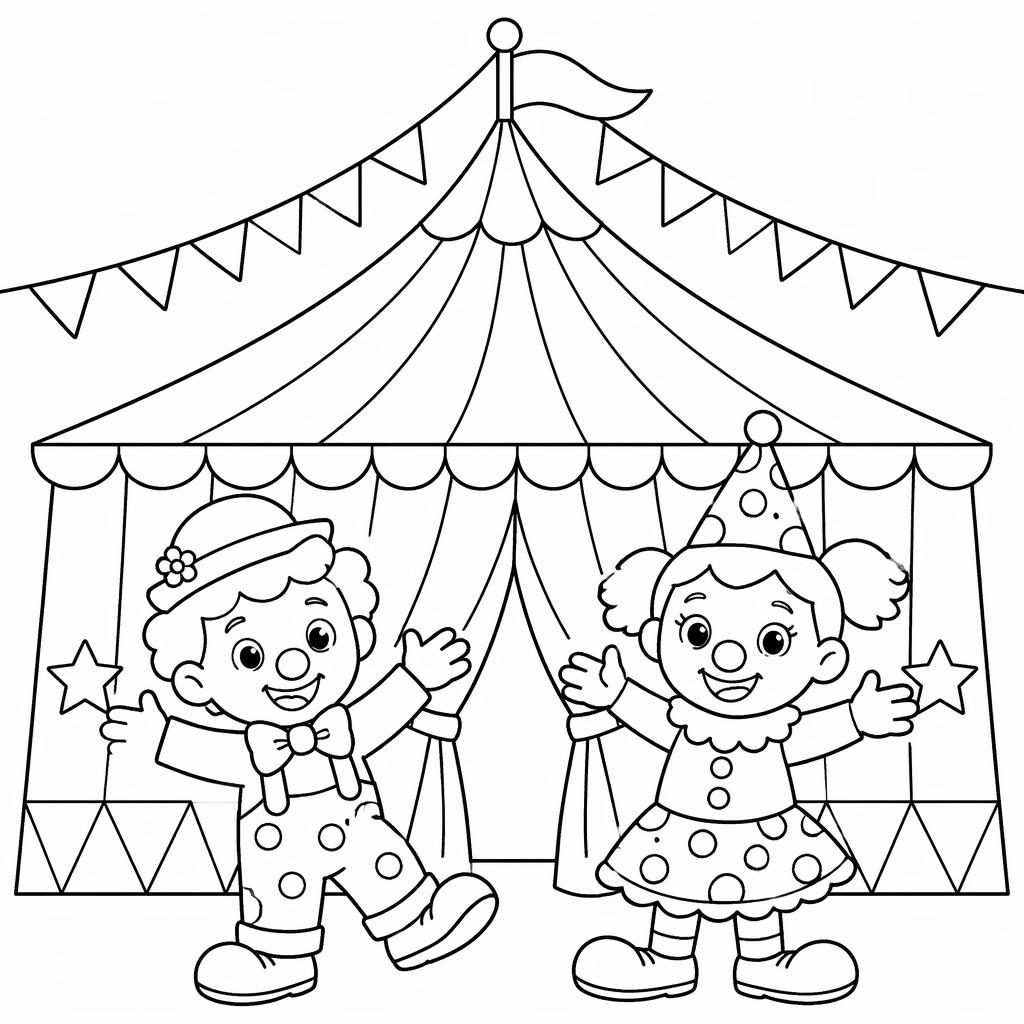 Illustration noir et blanc d’un chapiteau de cirque avec des clowns enfants, style coloriage simple à imprimer.