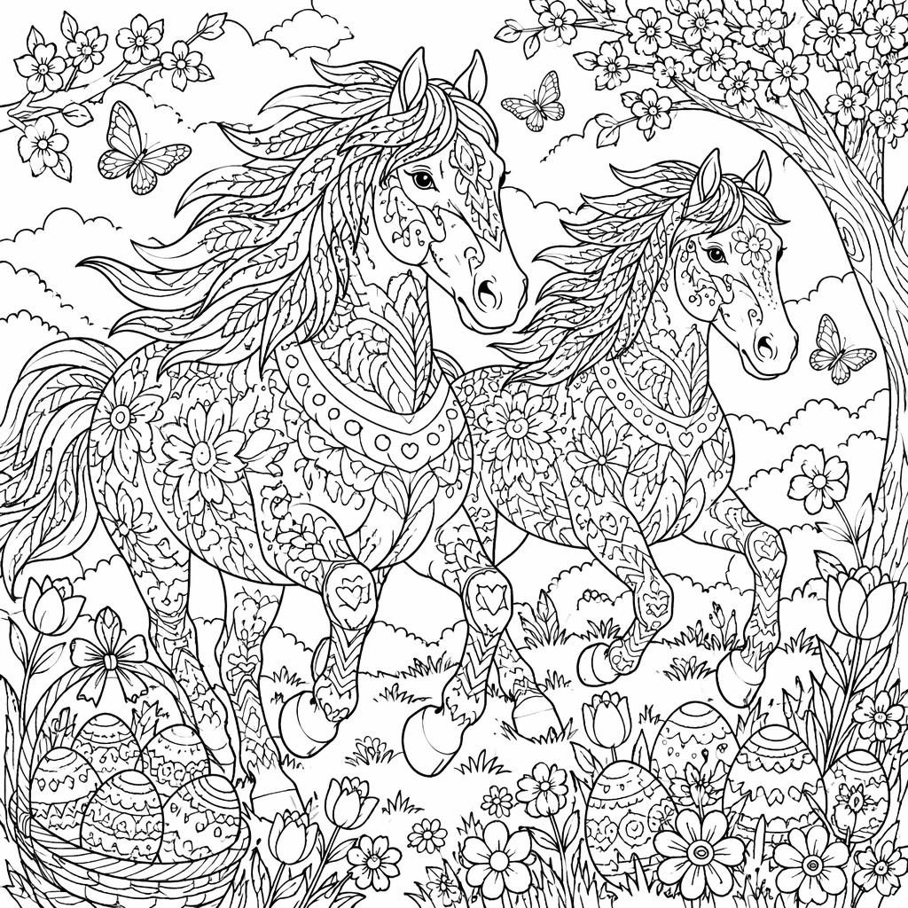 Illustration noir et blanc de chevaux courant, style zentangle détaillé, contours nets sur fond blanc à colorier.