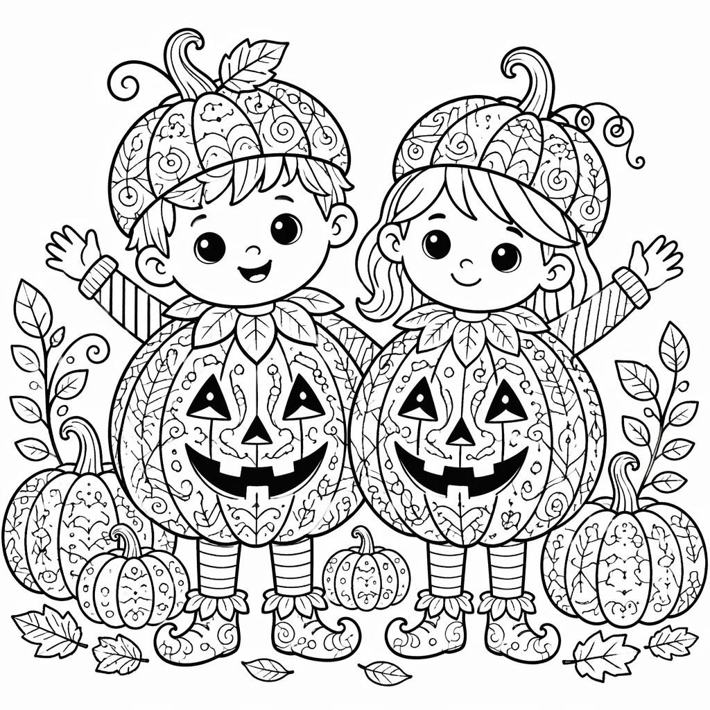 Illustration noir et blanc à colorier d’enfants avec une citrouille d’Halloween, en style zentangle simple.