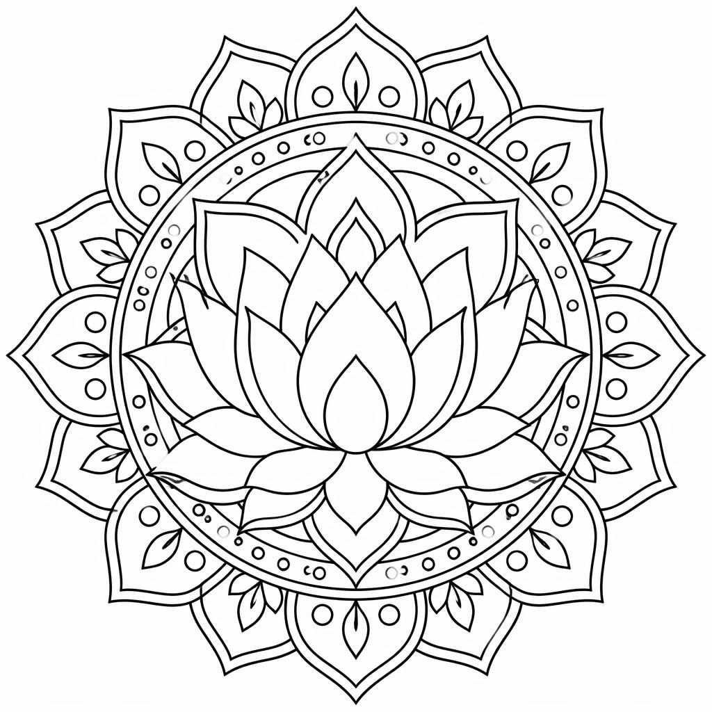 Ilustración en blanco y negro de un loto mandala simétrico estilo manga, con contornos limpios para colorear.