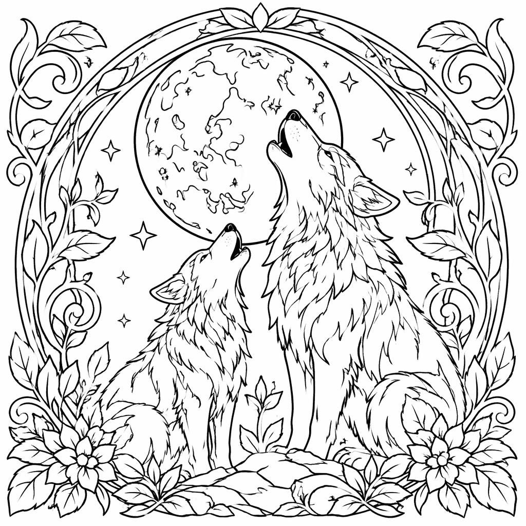 Ilustración en blanco y negro de lobos adultos aullando a la luna, con líneas limpias y estilo art nouveau.