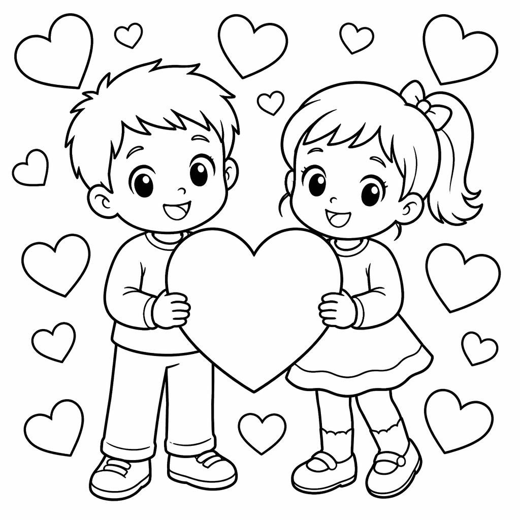 Black-and-white coloring page of simple valentine hearts in a cute manga-inspired style, clean outlines on white background.