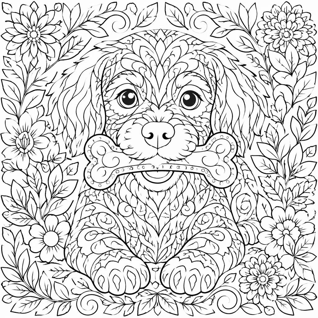 Black-and-white coloring page of a cute dog with a bone, surrounded by intricate botanical patterns for kids.