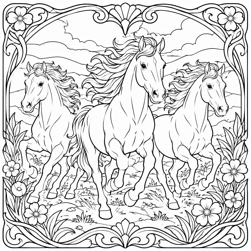 Black-and-white coloring page with detailed horses running in an art nouveau line-art style on a white background.