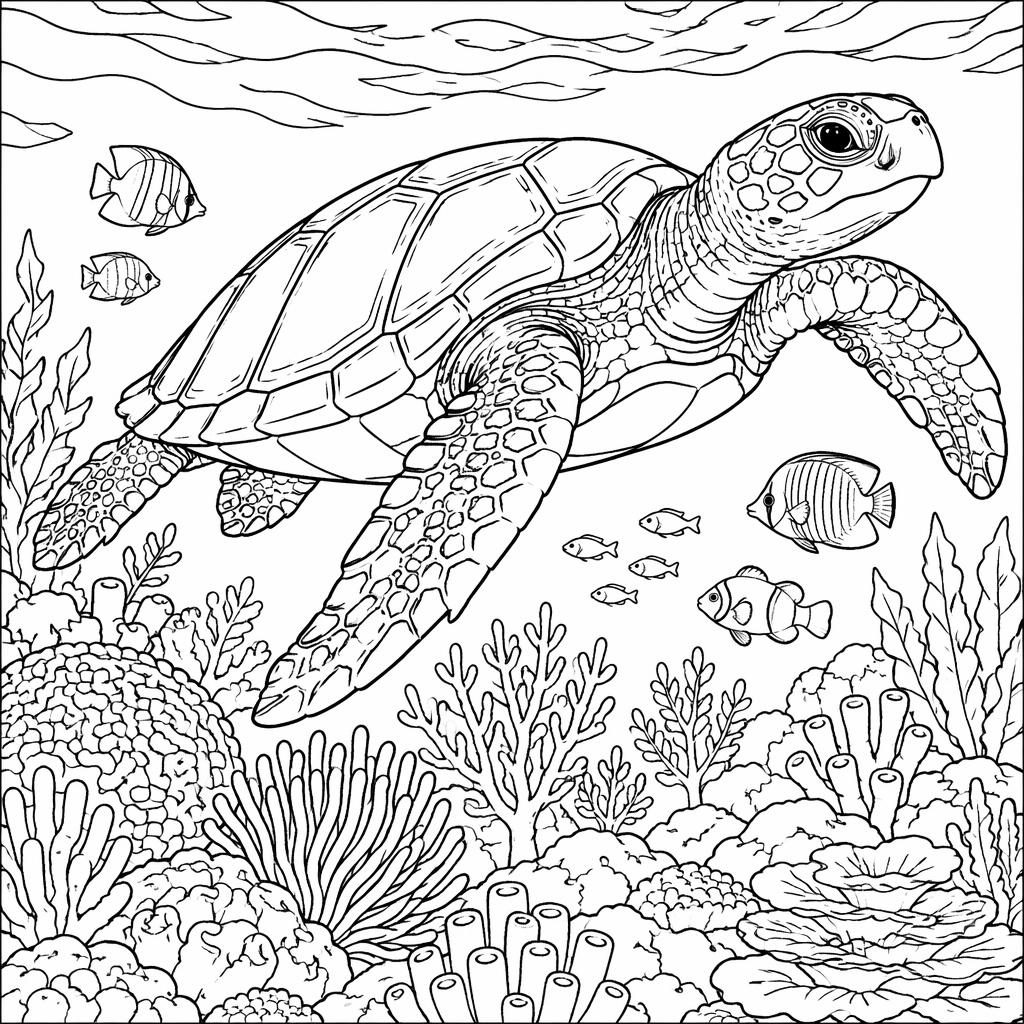 Black-and-white line art coloring page of an adult sea turtle swimming over a reef in a manga-inspired style.