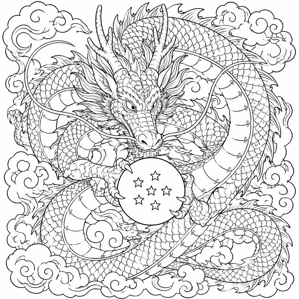 Schwarz-weiße Ausmalseite mit erwachsenem Fantasie-Drachen, filigranen Mandala-Details und manga-inspirierten Linien.