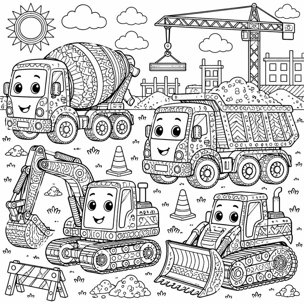 Schwarz-weiße Ausmalbild-Illustration mit Baustellenfahrzeugen für Kinder im detailreichen Zentangle-Linienstil.