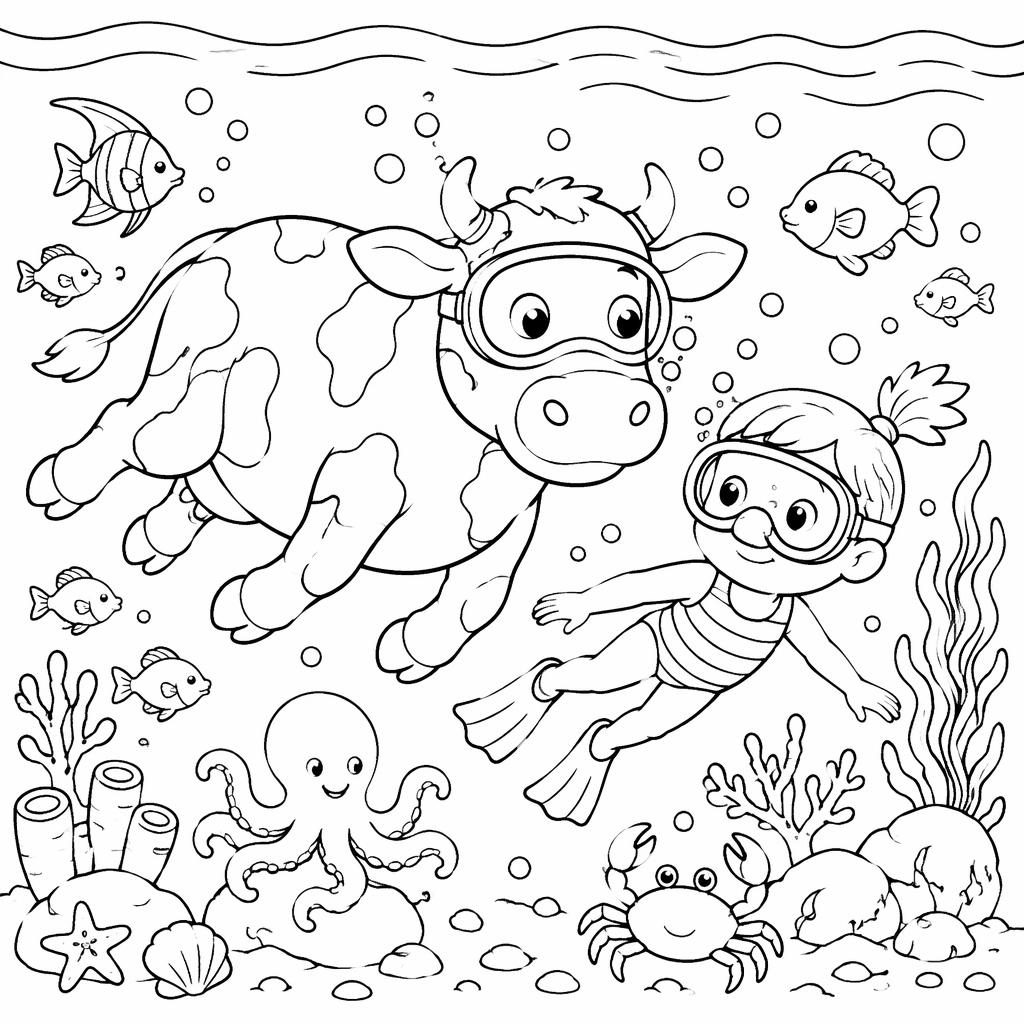 Schwarz-weißes Ausmalbild mit kindgerechter Unterwasserwelt, Fischen, Pflanzen und klaren Konturen.