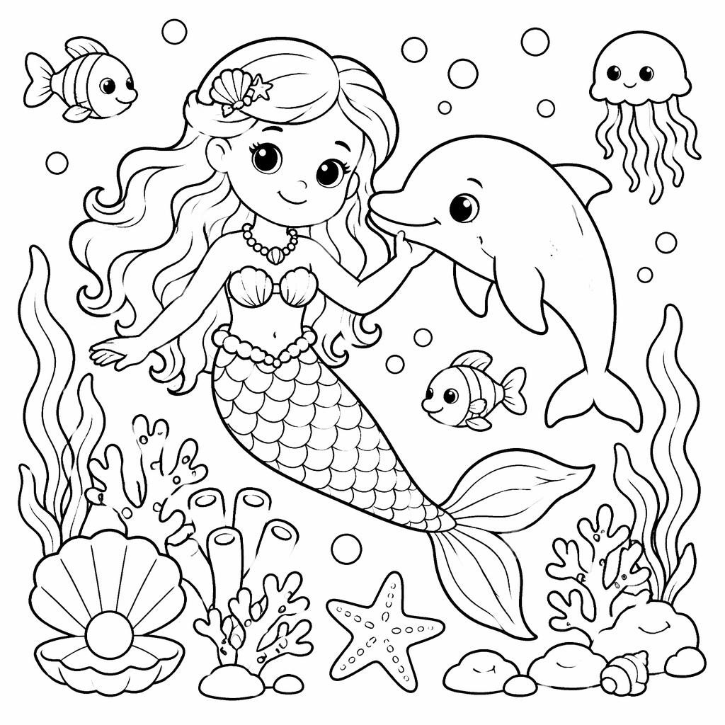 Ilustración infantil para colorear en blanco y negro con una sirena bajo el mar, trazos limpios y estilo caricatura.