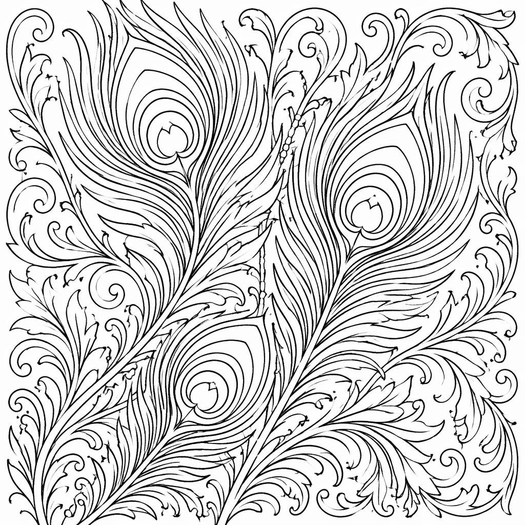 Ilustración para colorear en blanco y negro con plumas de pavo real detalladas en estilo art nouveau.