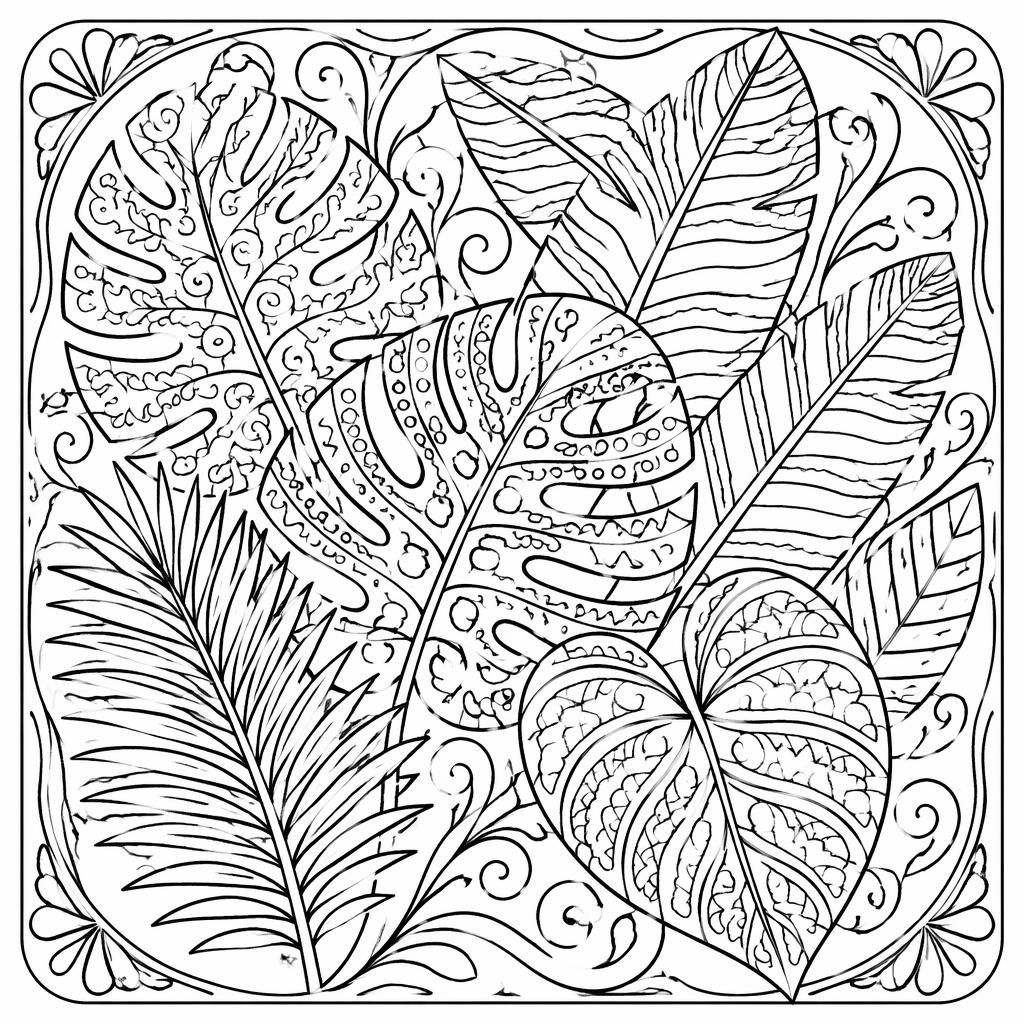 Ilustración en blanco y negro de hojas tropicales estilo zentangle, con contornos limpios y fondo blanco.