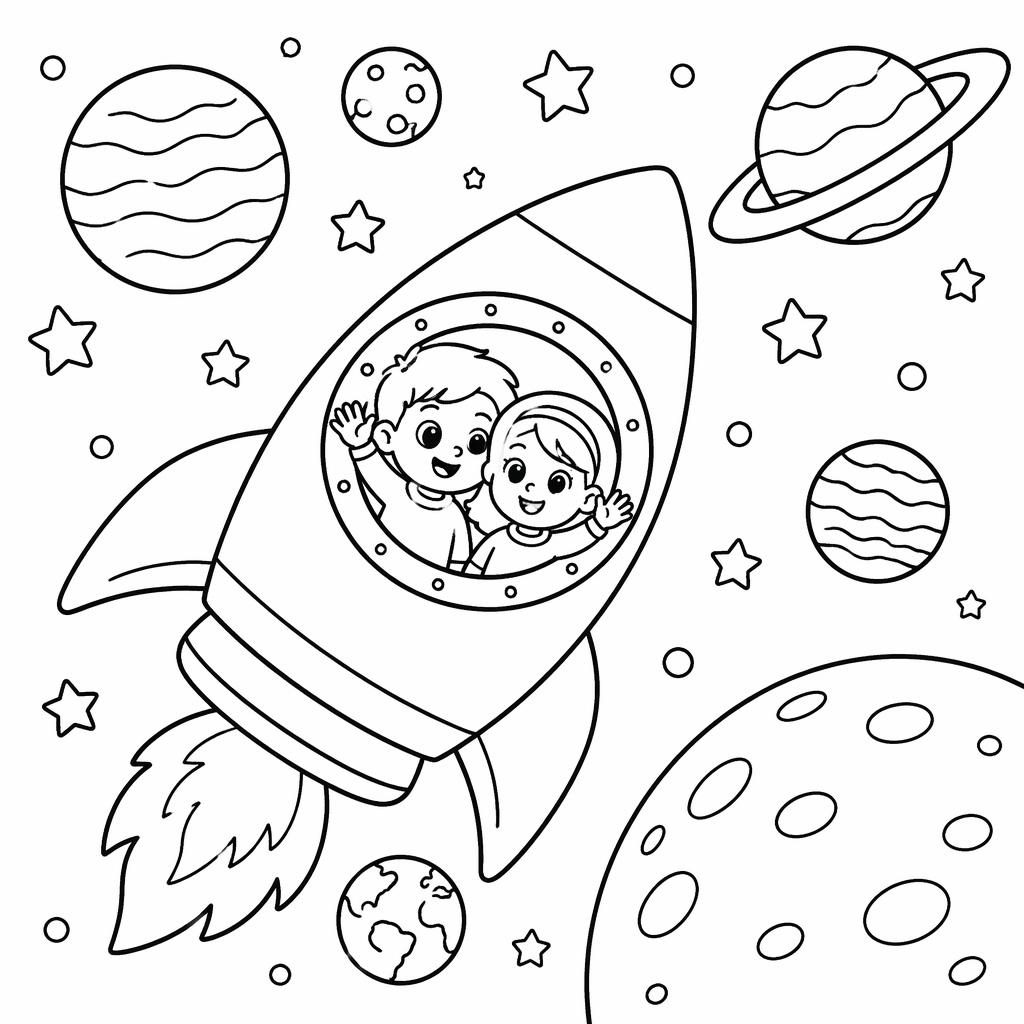 Illustration noir et blanc d’une fusée kawaii entourée de planètes, en style coloriage pour enfants.