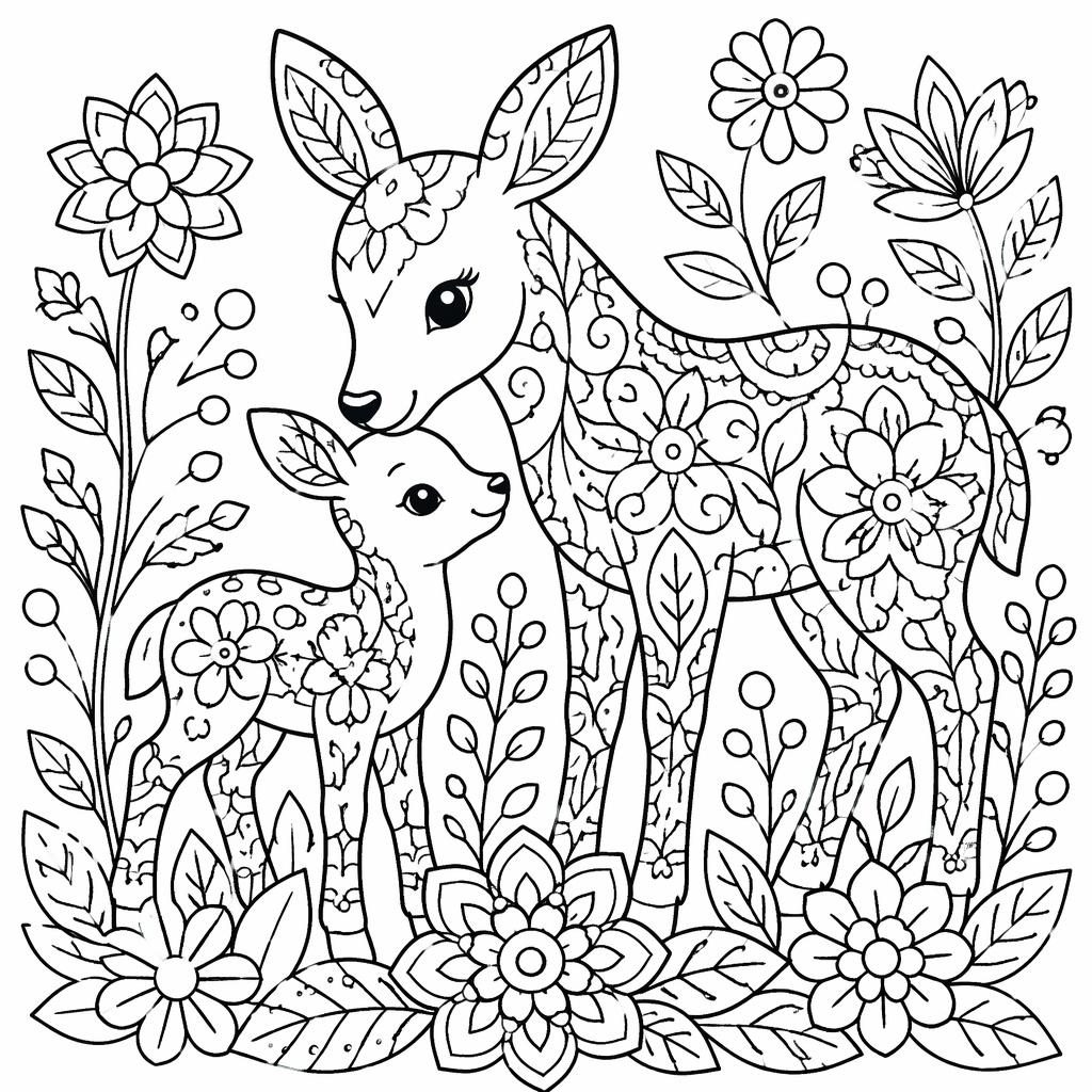 Schwarz-weiße Ausmalbild-Illustration mit Tiermüttern und ihren Babys im einfachen Zentangle-Stil.