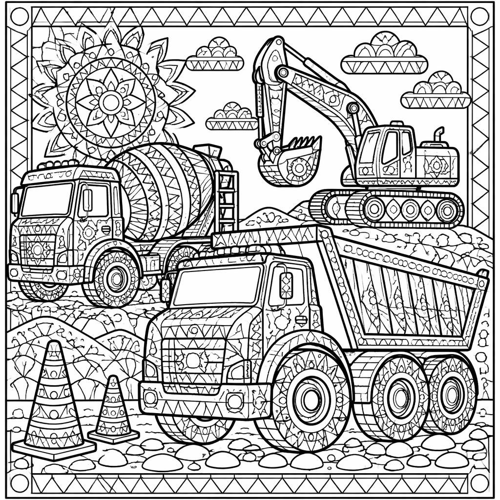 Ilustración para colorear en blanco y negro de camiones de construcción para niños, con detalles geométricos tipo mandala.