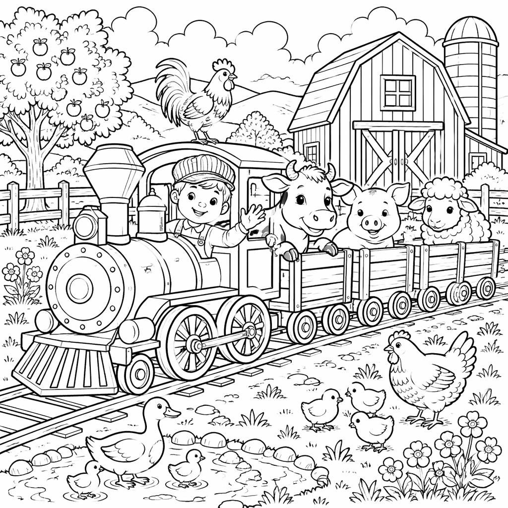 Schwarz-weiße Ausmalbild-Illustration mit Bauernhoftieren auf dem Hof und einer Eisenbahn, detailreiche klare Linien