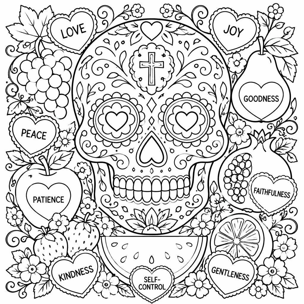 Black-and-white sugar skull coloring page with detailed manga-inspired outlines, clean closed shapes, and white background.